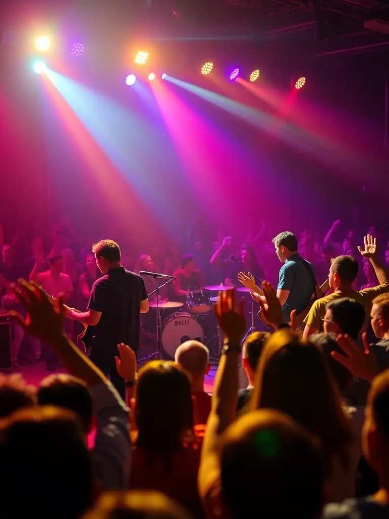 A vibrant photograph capturing a live musical performance by MELODY, showcasing musicians on stage with colorful lighting and an engaged audience.