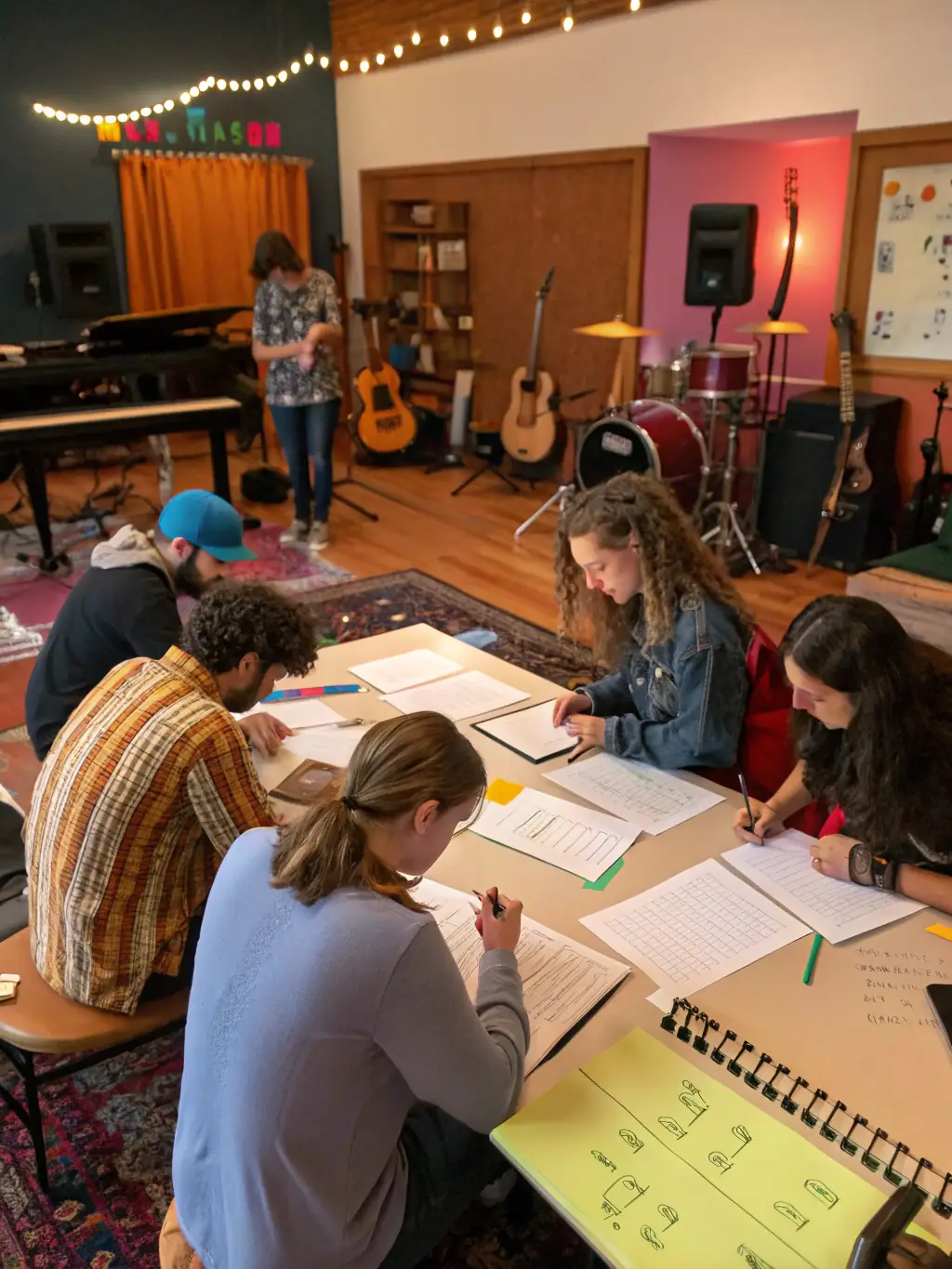 A photo of participants deeply engaged in a songwriting workshop, collaborating and sharing ideas in a creative space.