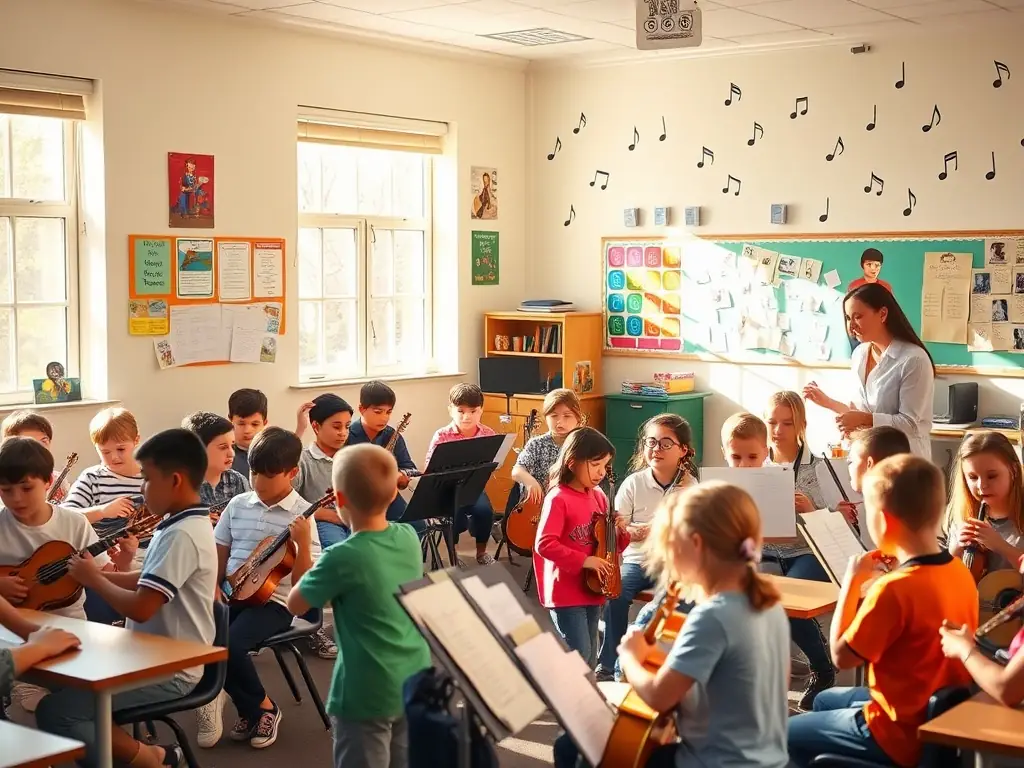 A photograph of participants engaged in a MELODY-sponsored music workshop, showing people of different ages learning to play instruments and collaborating on a musical piece.
