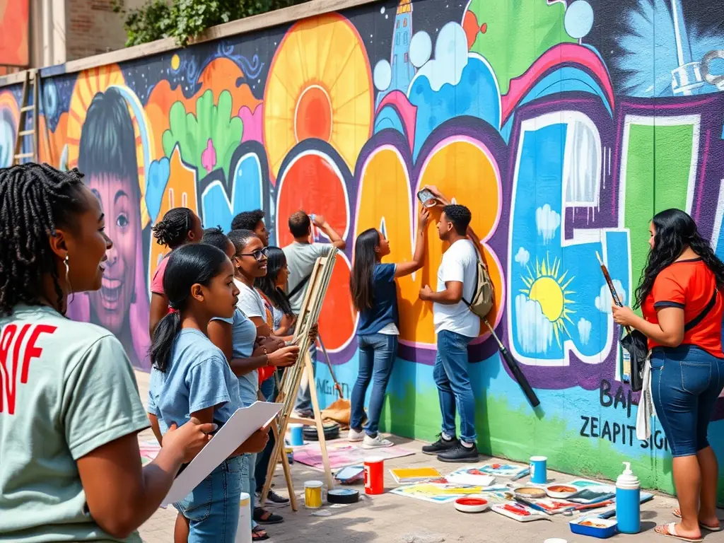 A dynamic image of a collaborative art project supported by MELODY, showcasing artists working together on a mural or installation, highlighting the organization's commitment to fostering creativity and community engagement.