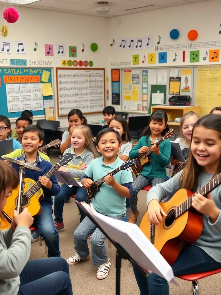 A photo of children participating in a music education program organized by MELODY, showing them playing instruments and singing together with enthusiasm.