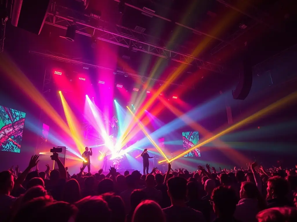 A vibrant photograph capturing a live music performance organized by MELODY, showcasing musicians on stage and an enthusiastic audience enjoying the show.