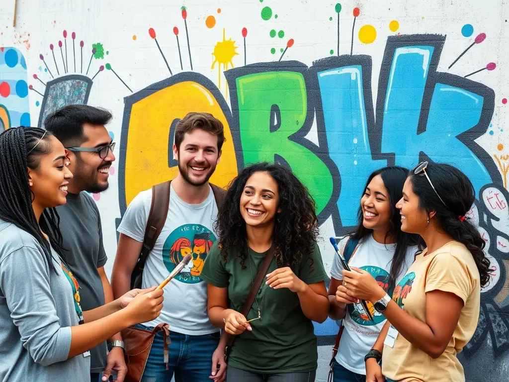 A visually appealing photograph of a collaborative art project in progress, featuring diverse individuals working together to create a mural or installation that reflects community themes.