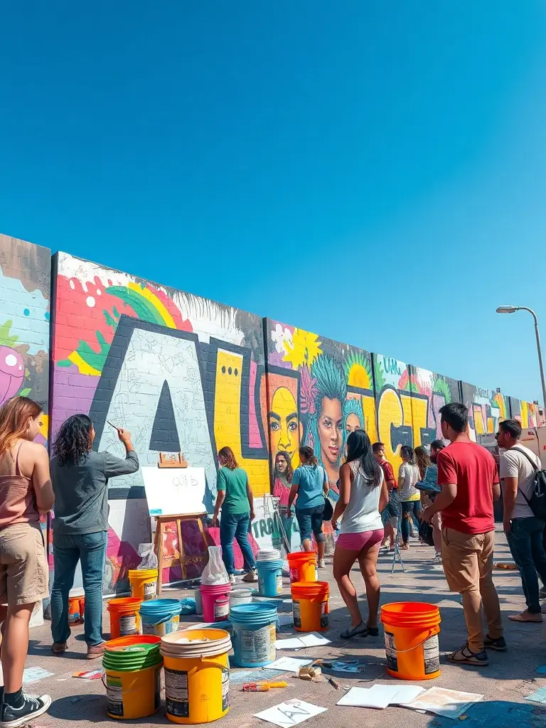 A collaborative art project facilitated by MELODY, featuring diverse artists working together on a large-scale mural in a public space.