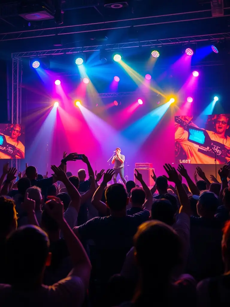 A dynamic shot of a live band performing on stage at a MELODY-sponsored event, capturing the excitement and energy of the performance.