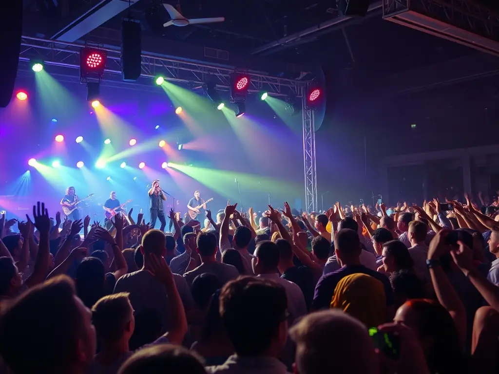 A vibrant image of a live music performance organized by MELODY, featuring musicians on stage and an enthusiastic audience, capturing the energy and excitement of the event.