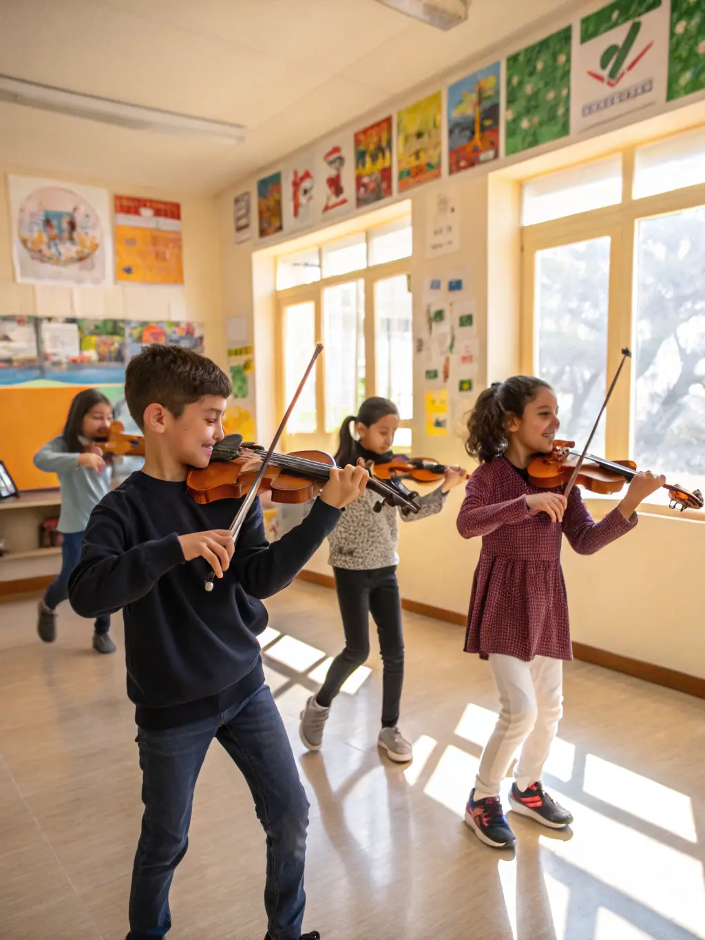 A brightly lit image of children learning to play string instruments in a group setting, emphasizing the joy and accessibility of music education.