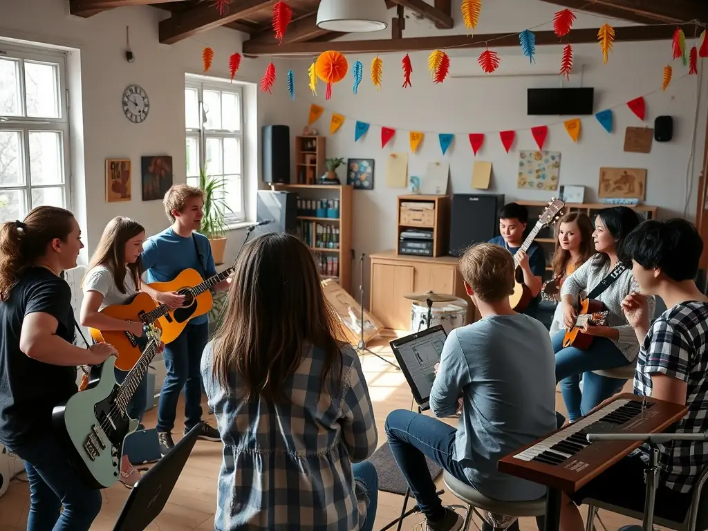 A dynamic image of participants actively engaged in a music workshop, learning new skills and collaborating with fellow musicians under the guidance of an instructor.